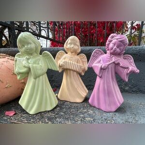 Vintage Ceramic Glazed Christmas Angel Figurines Playing Instruments 8" Lot of 3